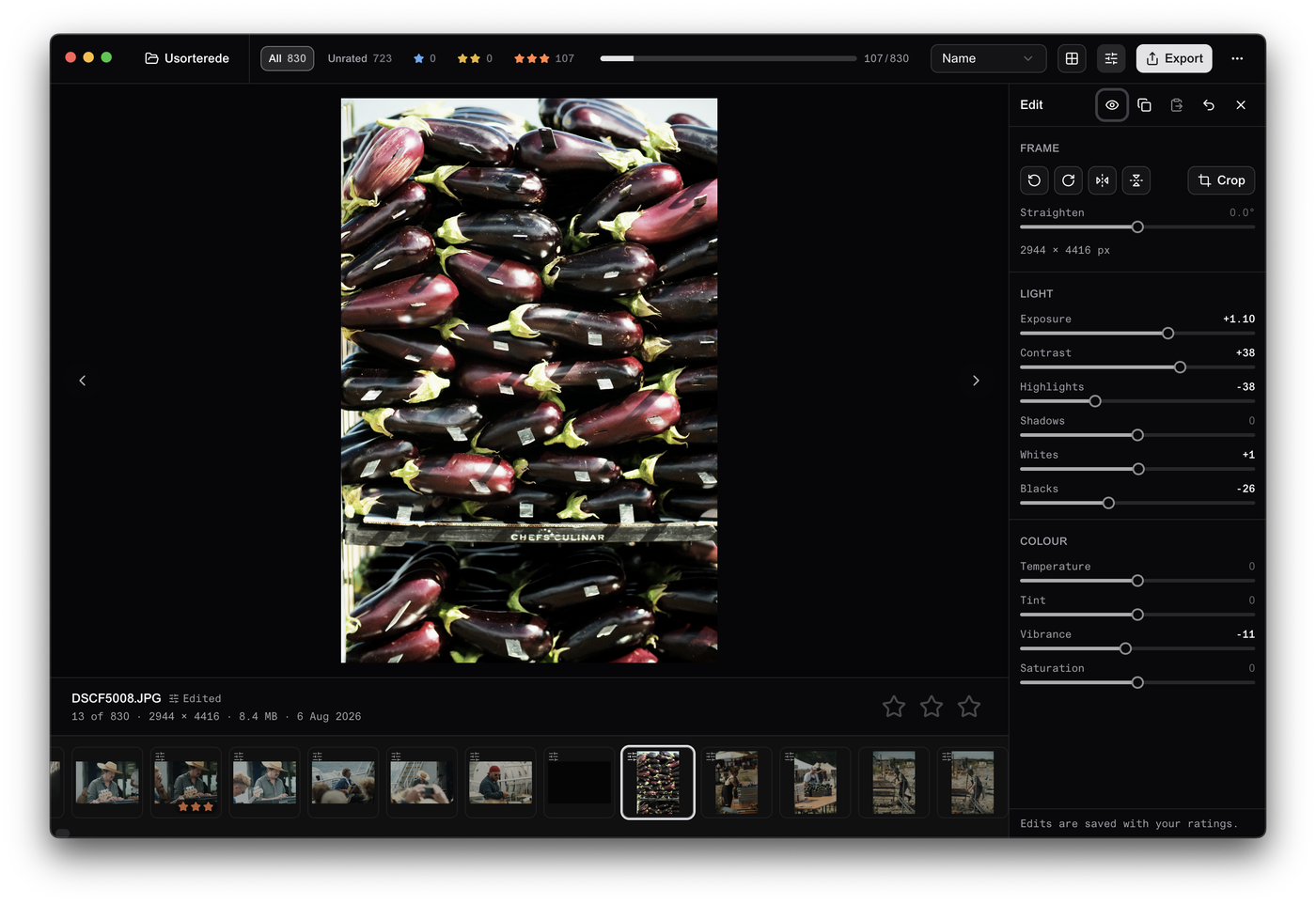 Skua edit panel with exposure, contrast, and colour sliders